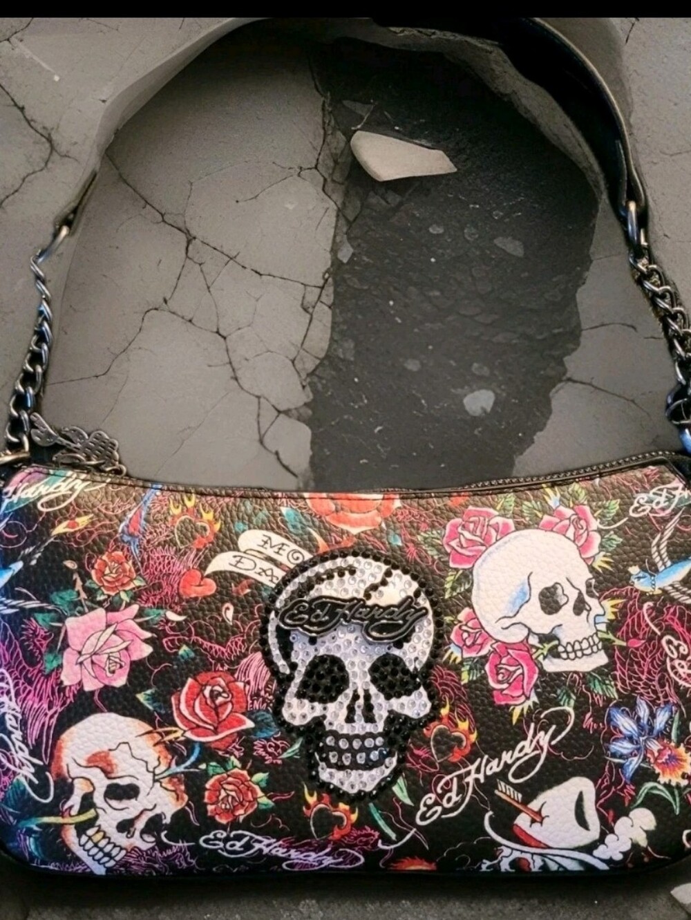 Ed Hardy Floral Skull Print Baguette Chain Shoulder Bag Purse Edgy Tattoo Bling